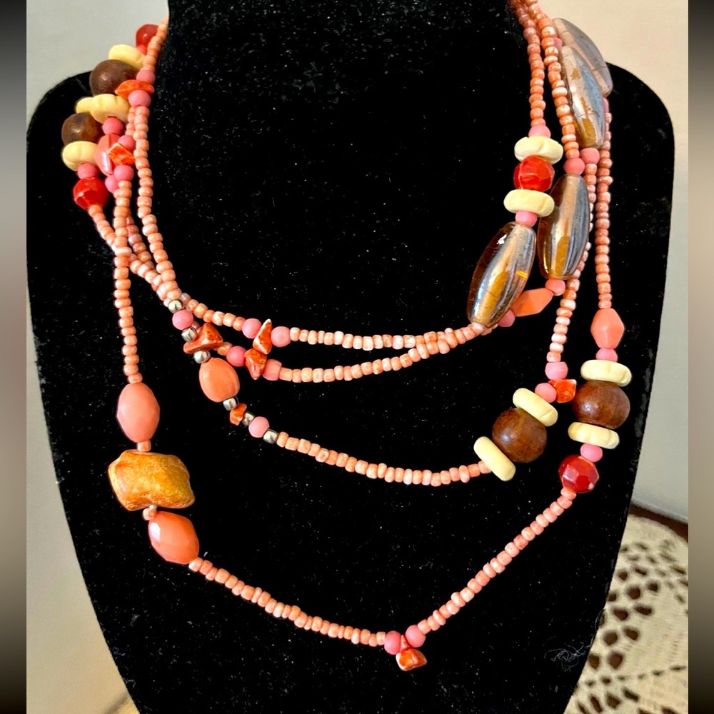 Vintage Pink & Earth Tone Beaded Multi-Strand Necklace Boho Tribal Style 48ā